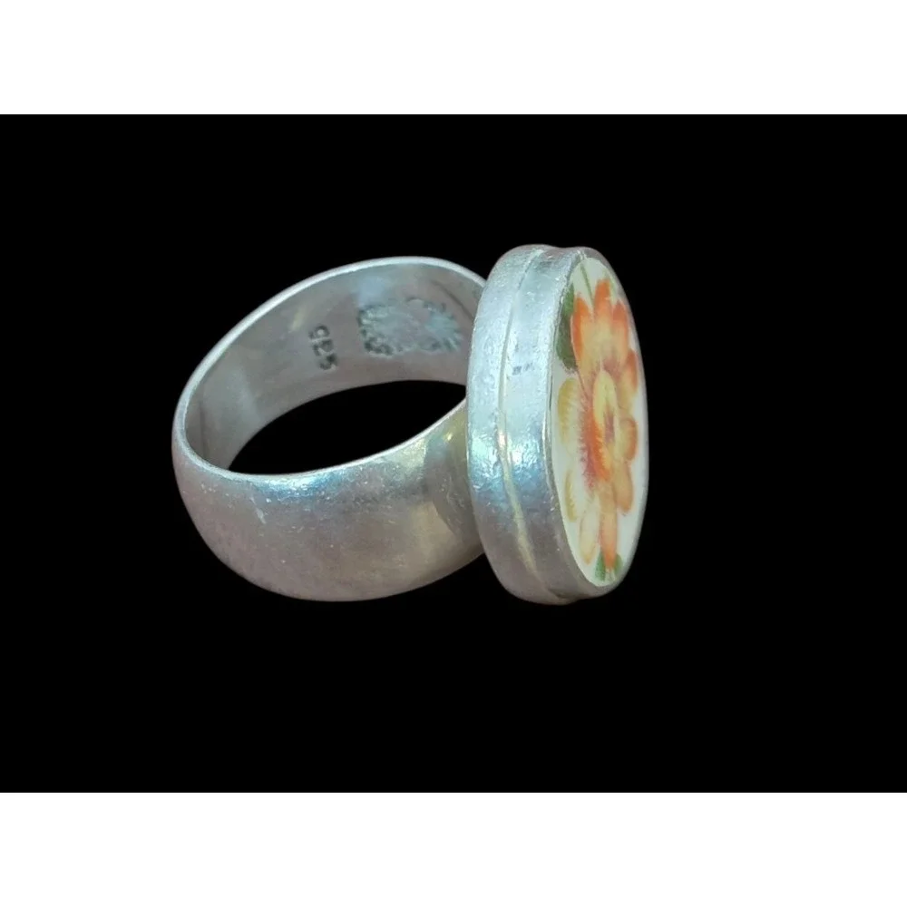 Women's Size 7 Baroque Handpainted Ceramic Flower Sterling 925 Vintage Wide Ring